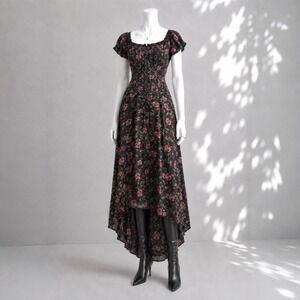 Disney Beauty and the Beast Dress M Black Pink Floral Whimsigoth Corset Midi